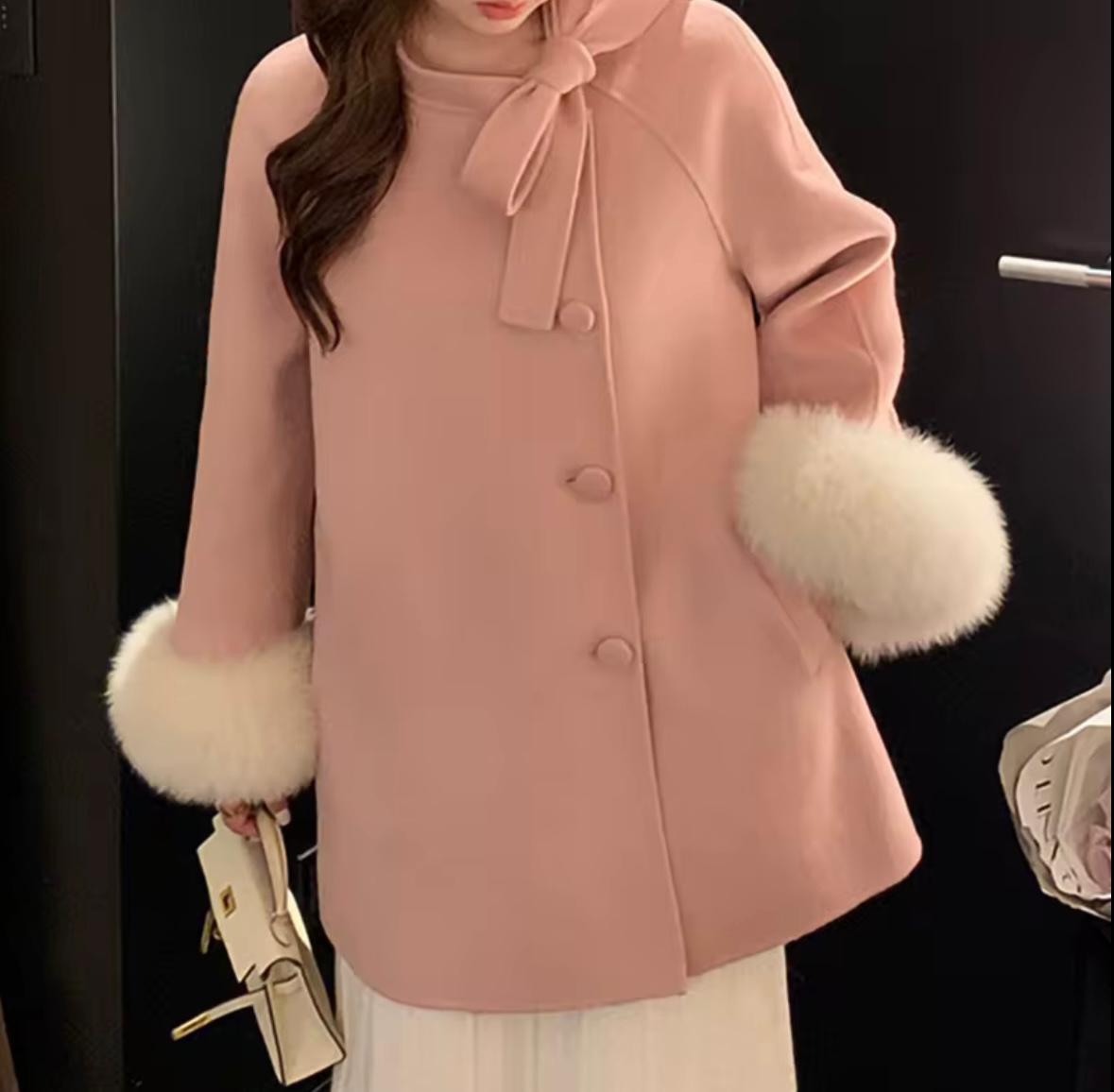 Luxury Cashmere Coat with Real Fur Cuffs & Bow Collar – Elegant Winter Statement