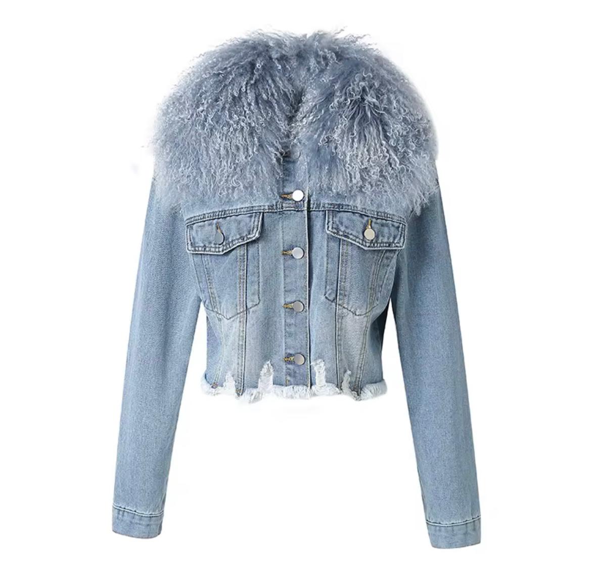 Luxury Denim Jacket with Genuine Fox Fur Collar – Light Wash