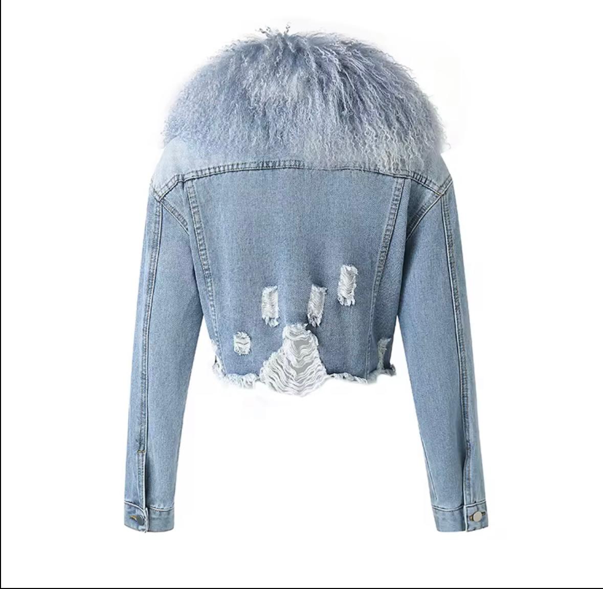 Luxury Denim Jacket with Genuine Fox Fur Collar – Light Wash