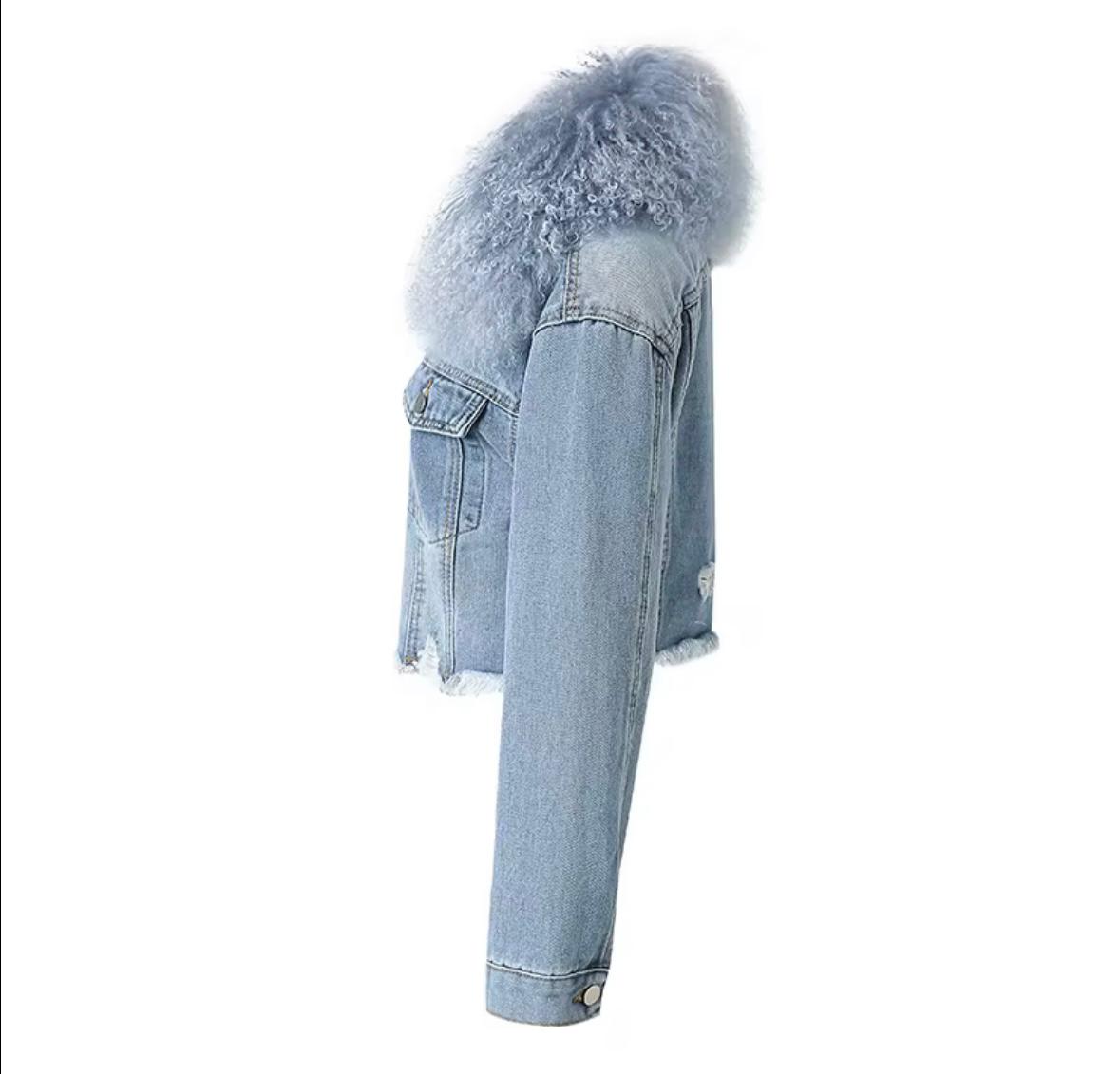 Luxury Denim Jacket with Genuine Fox Fur Collar – Light Wash