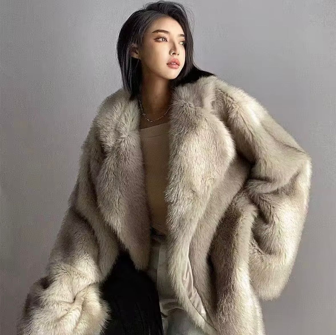 Oversized Genuine Fox Fur Coat – White Beige & Brown Beige