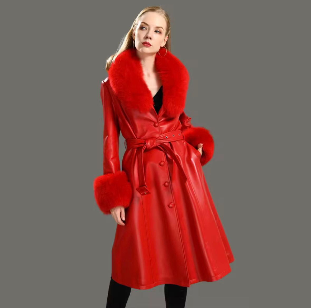Luxury Red Genuine Leather Coat with Real Fur Collar & Cuffs