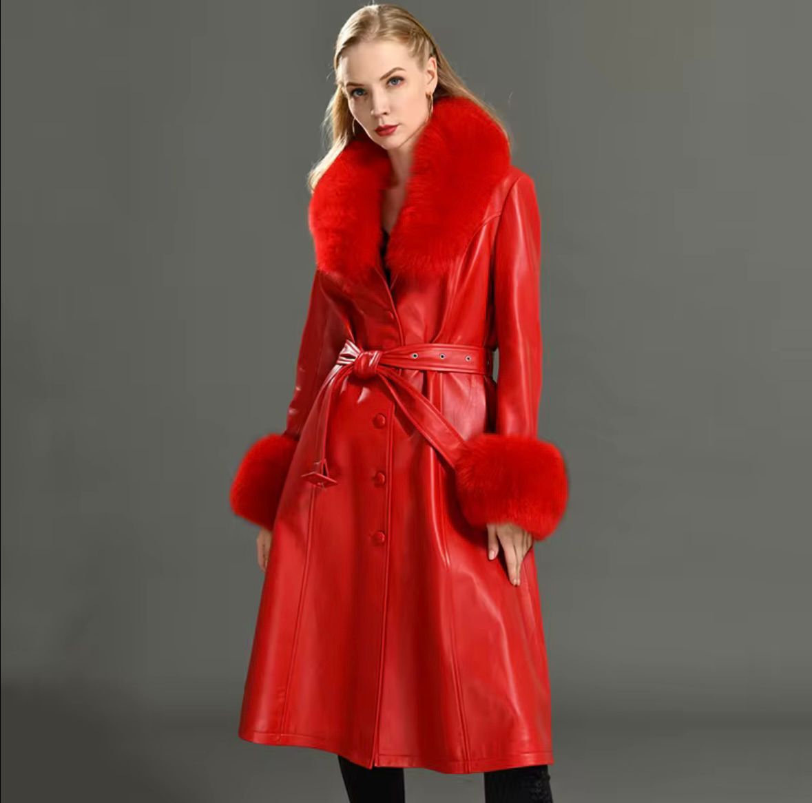 Luxury Red Genuine Leather Coat with Real Fur Collar & Cuffs