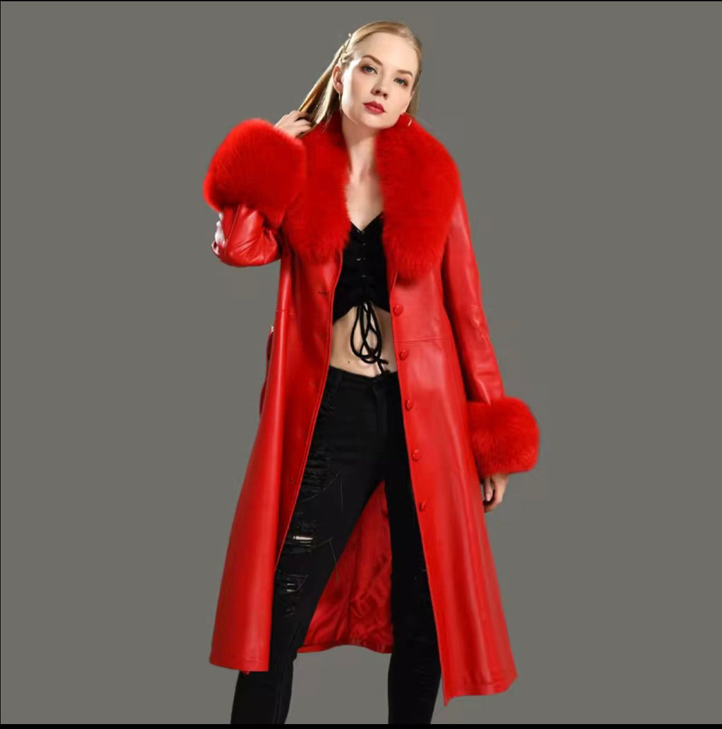 Luxury Red Genuine Leather Coat with Real Fur Collar & Cuffs
