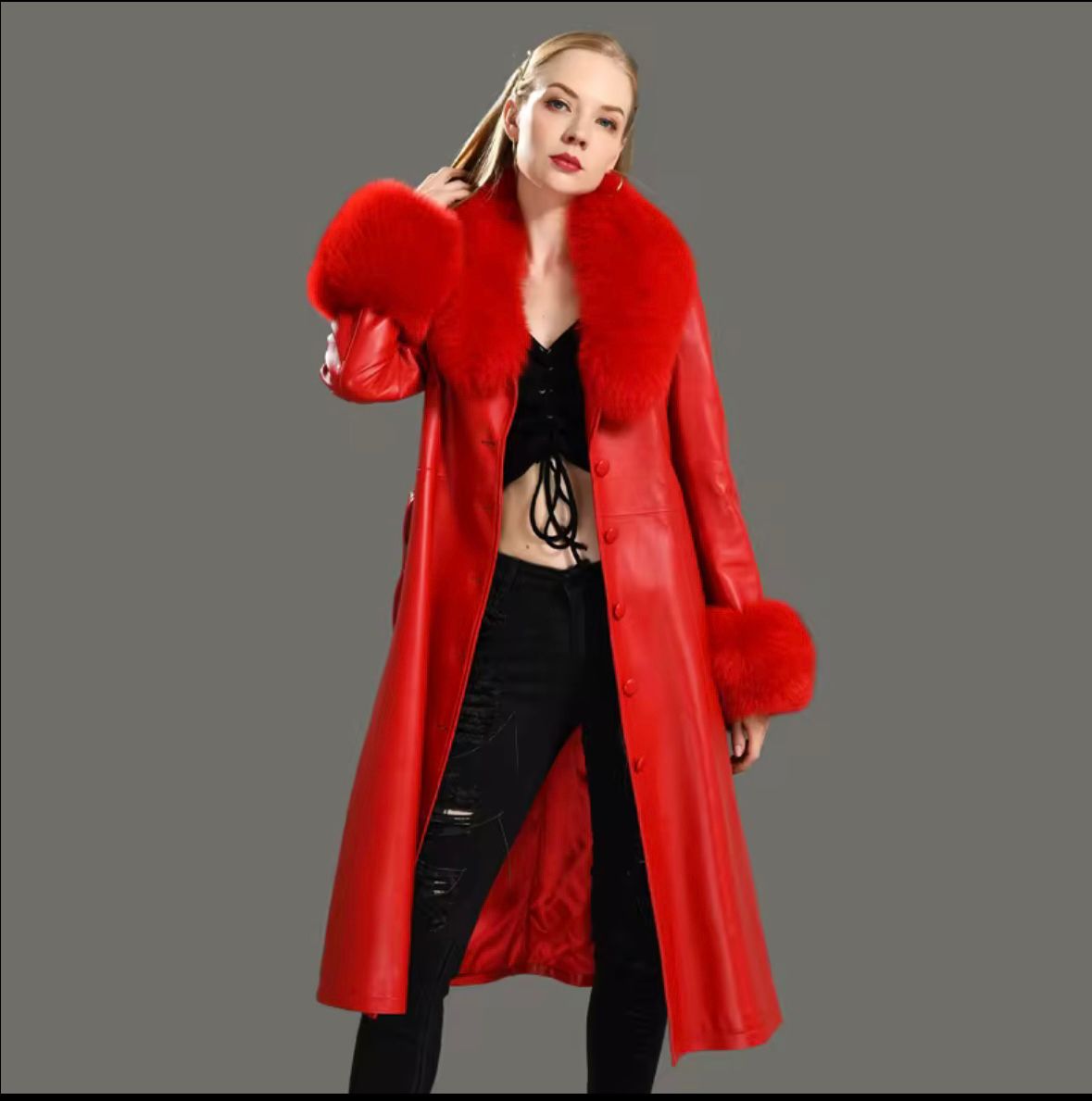 Luxury Red Genuine Leather Coat with Real Fur Collar & Cuffs