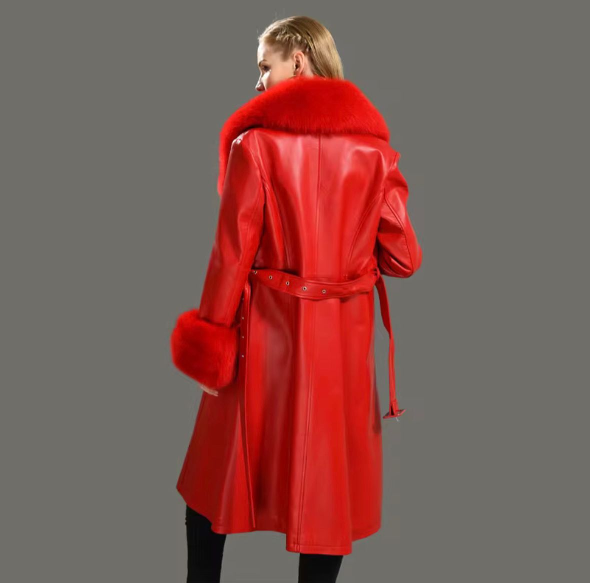 Luxury Red Genuine Leather Coat with Real Fur Collar & Cuffs