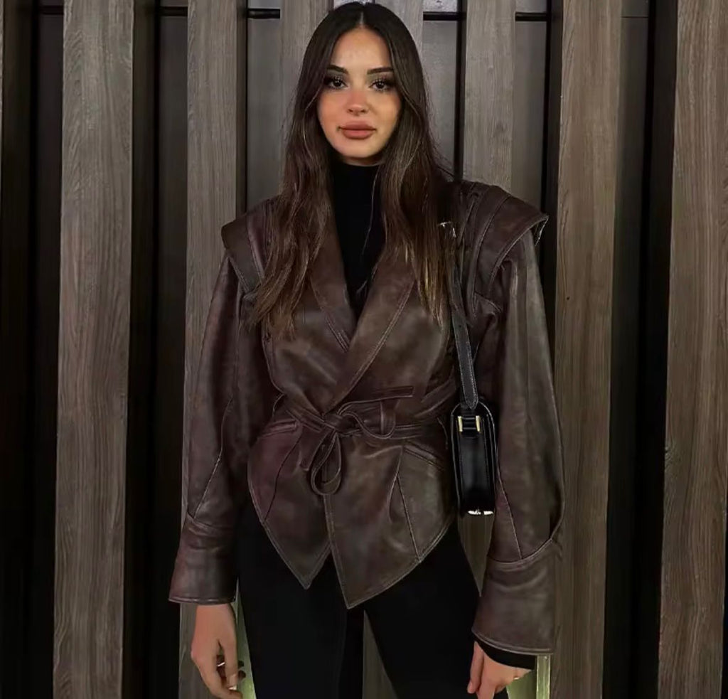 Luxury Brown Genuine Leather Short Jacket