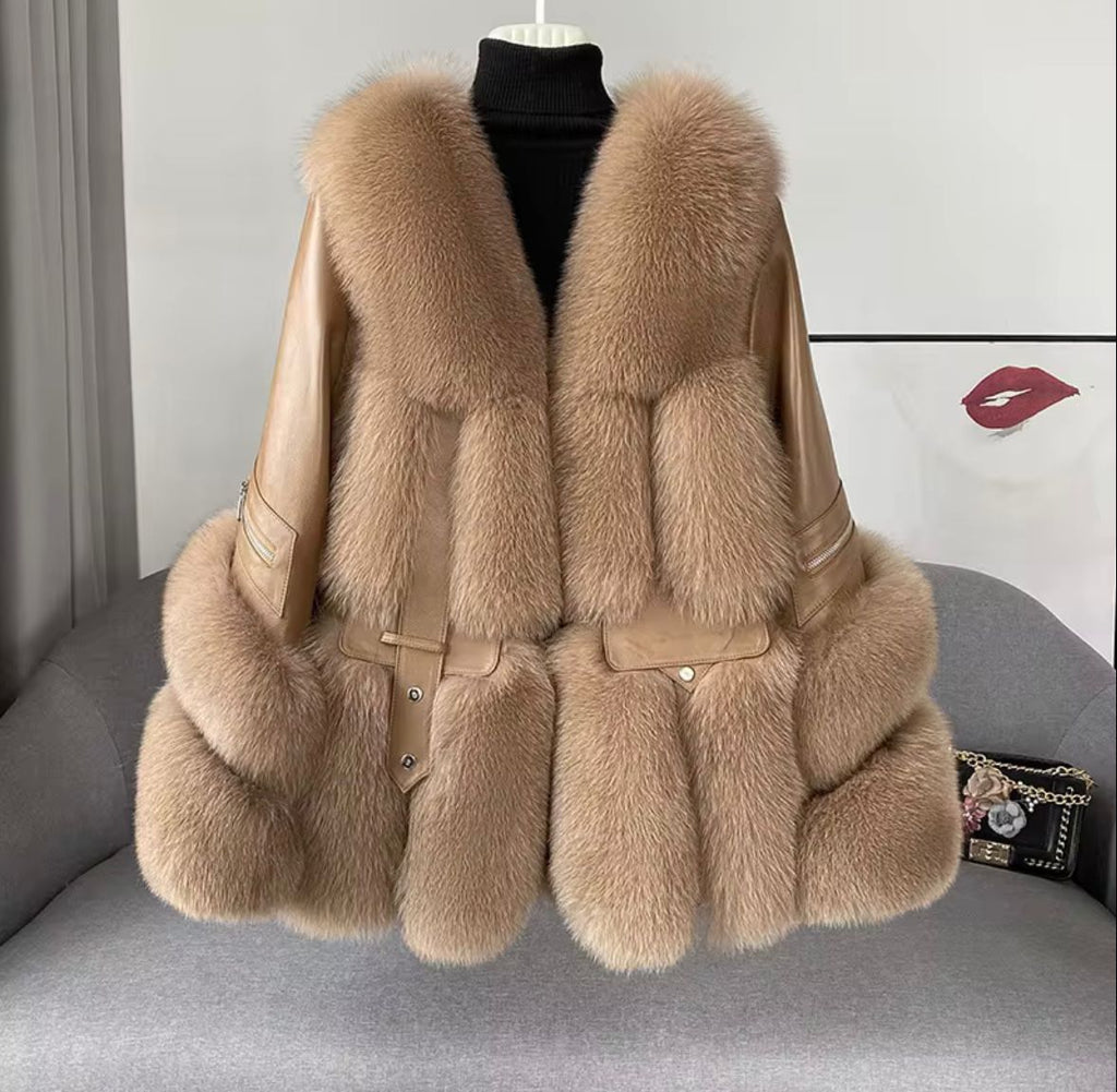 Luxury Leather & Fox Fur Jacket — Beige | White | Black