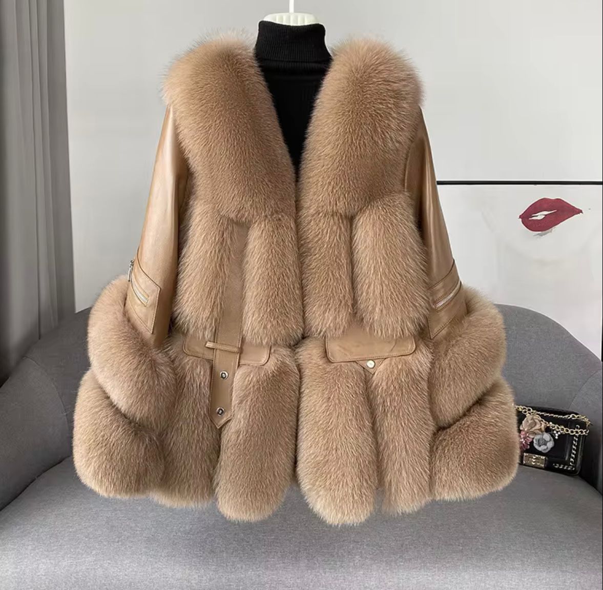 Luxury Leather & Fox Fur Jacket — Beige | White | Black