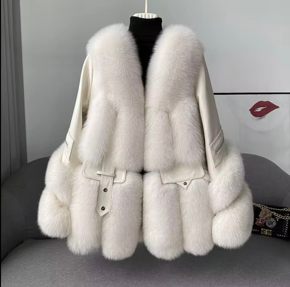 Luxury Leather & Fox Fur Jacket — Beige | White | Black