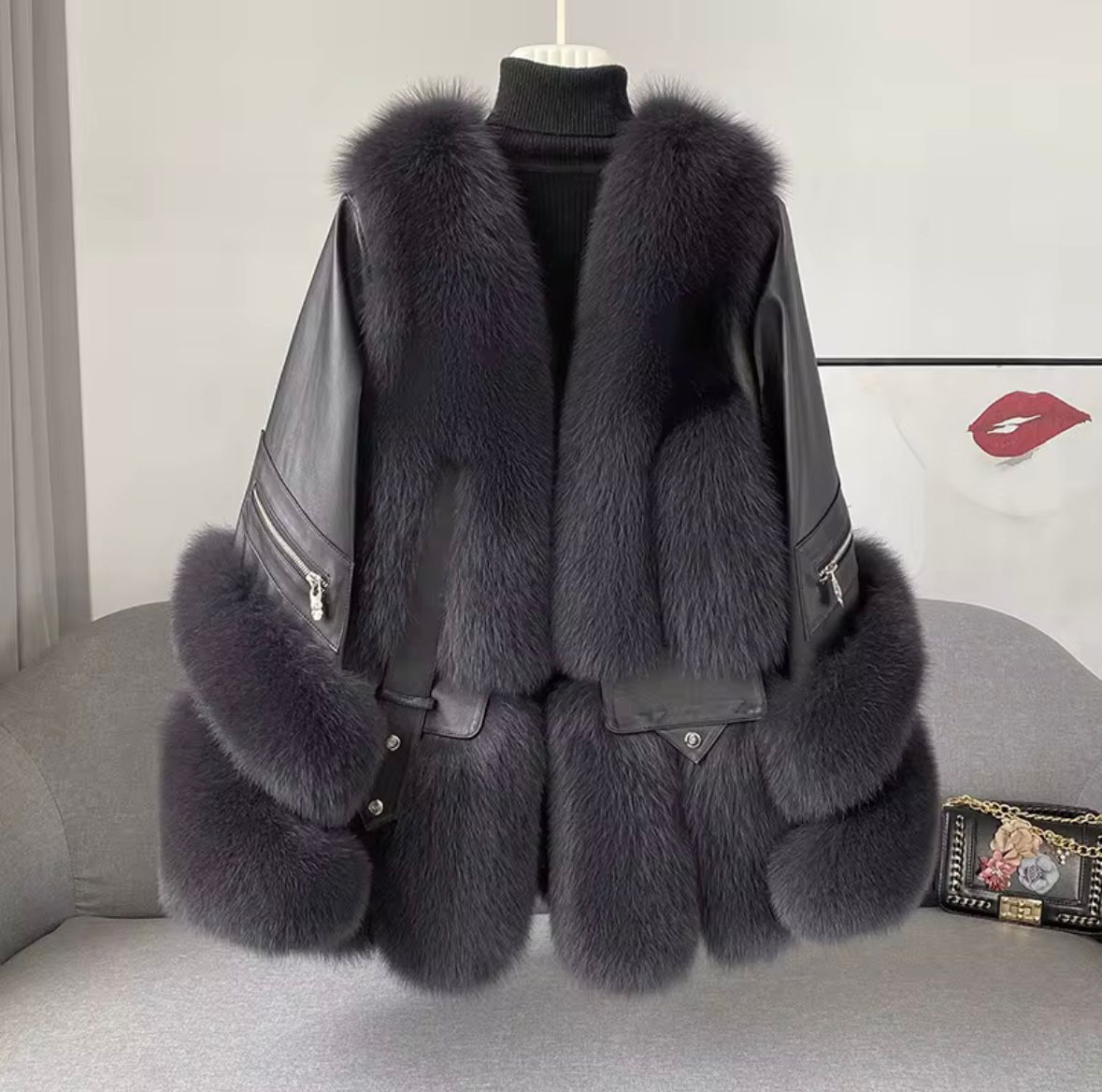 Luxury Leather & Fox Fur Jacket — Beige | White | Black