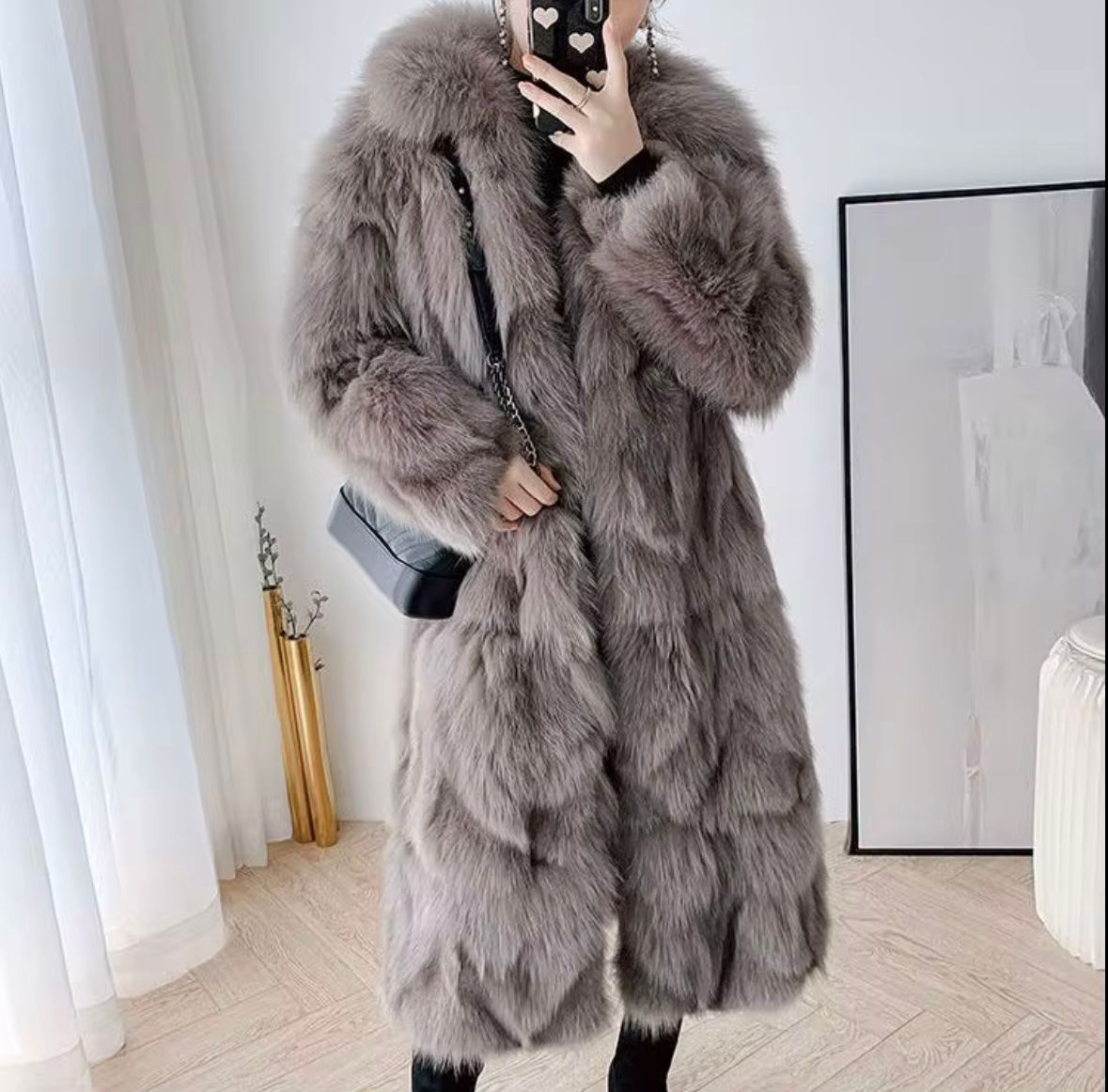 Luxury Long Grey Real Fur Coat – Timeless Elegance