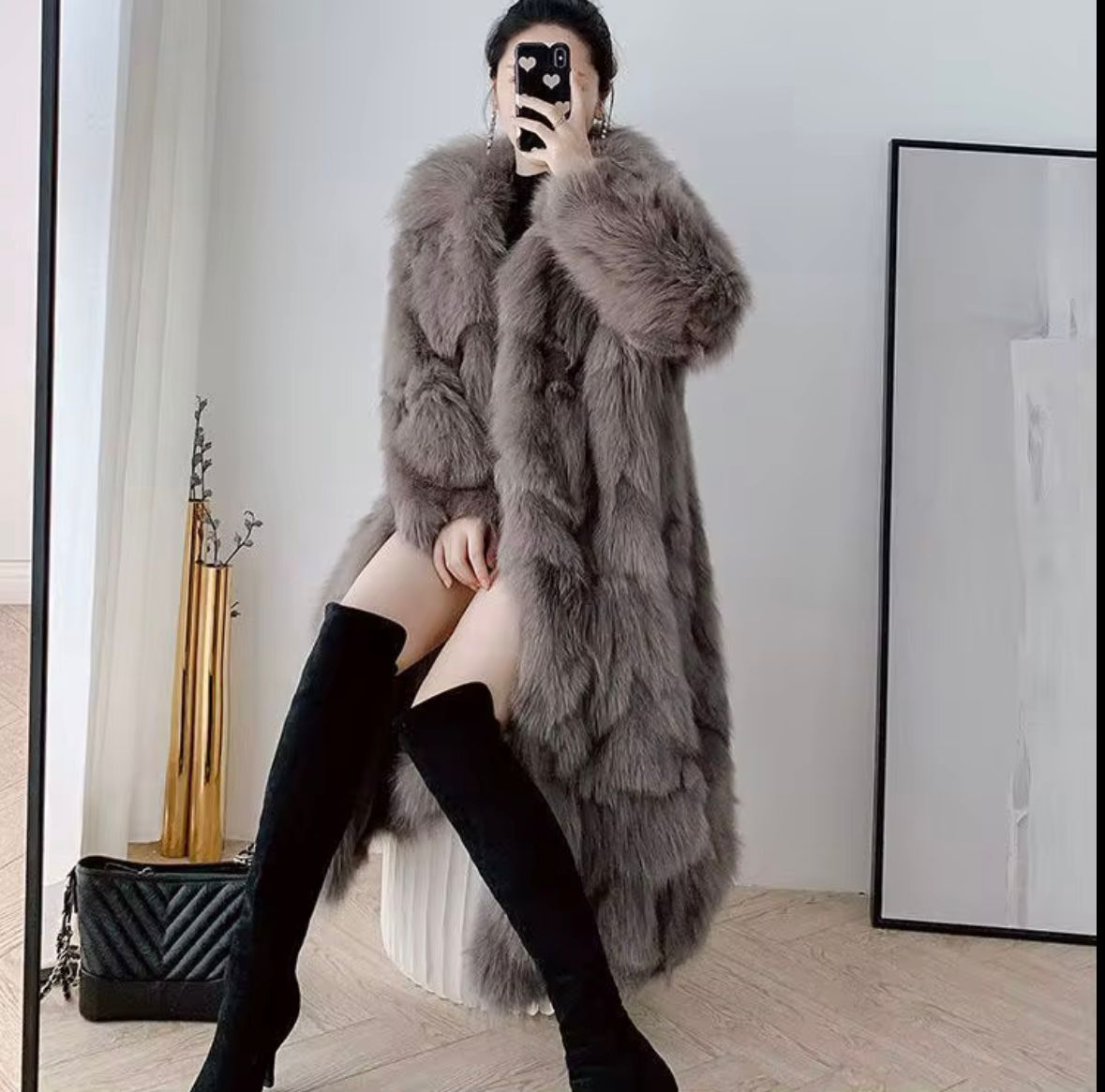 Luxury Long Grey Real Fur Coat – Timeless Elegance