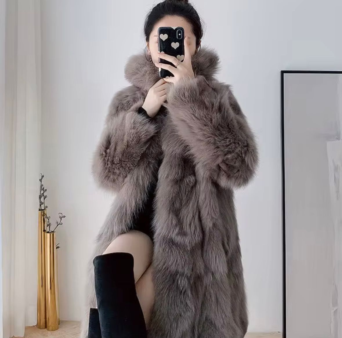 Luxury Long Grey Real Fur Coat – Timeless Elegance