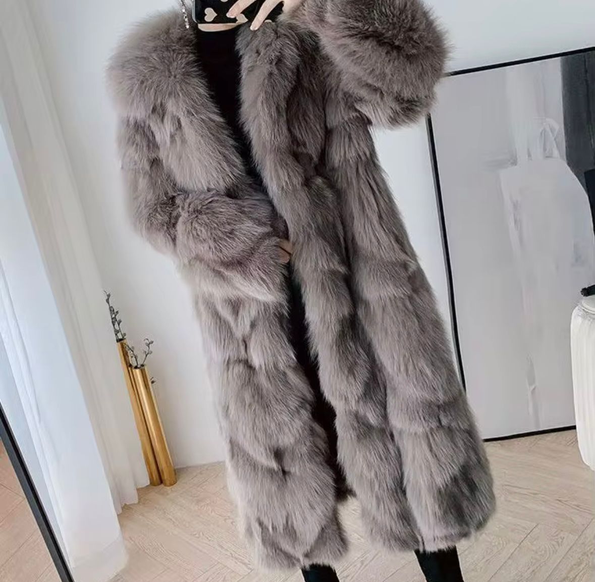 Luxury Long Grey Real Fur Coat – Timeless Elegance