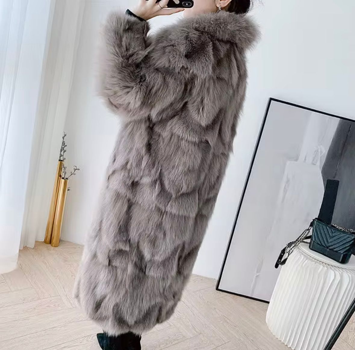 Luxury Long Grey Real Fur Coat – Timeless Elegance
