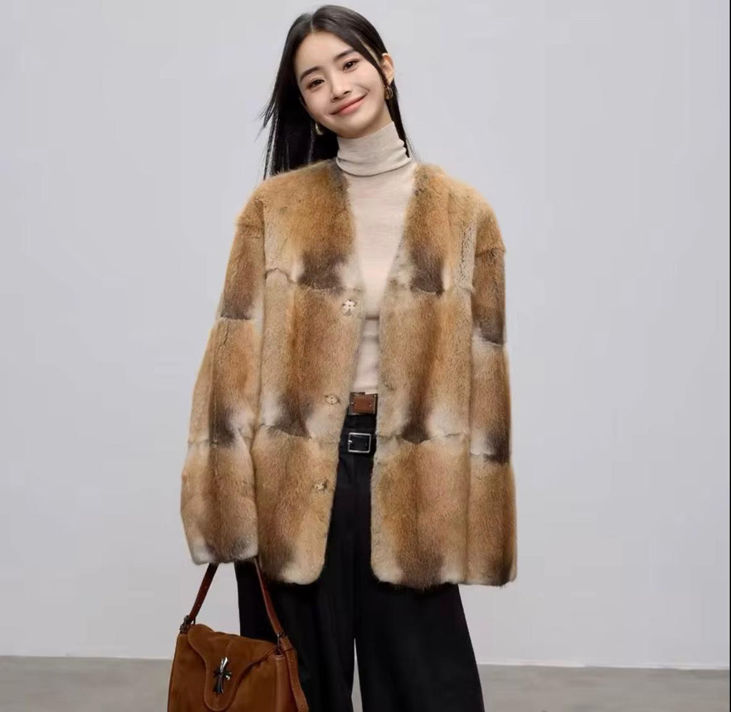 Luxury Patchwork Rex Rabbit Fur Coat – Natural Brown Blend