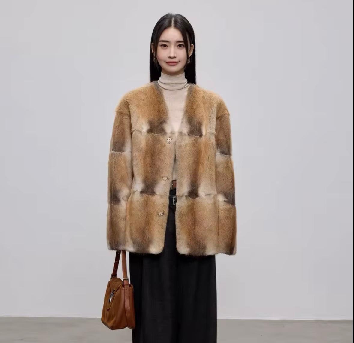 Luxury Patchwork Rex Rabbit Fur Coat – Natural Brown Blend