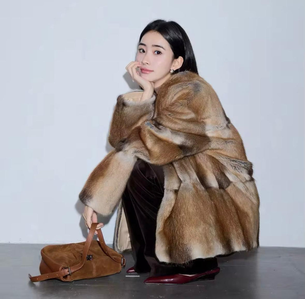 Luxury Patchwork Rex Rabbit Fur Coat – Natural Brown Blend