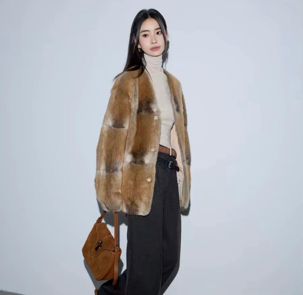 Luxury Patchwork Rex Rabbit Fur Coat – Natural Brown Blend