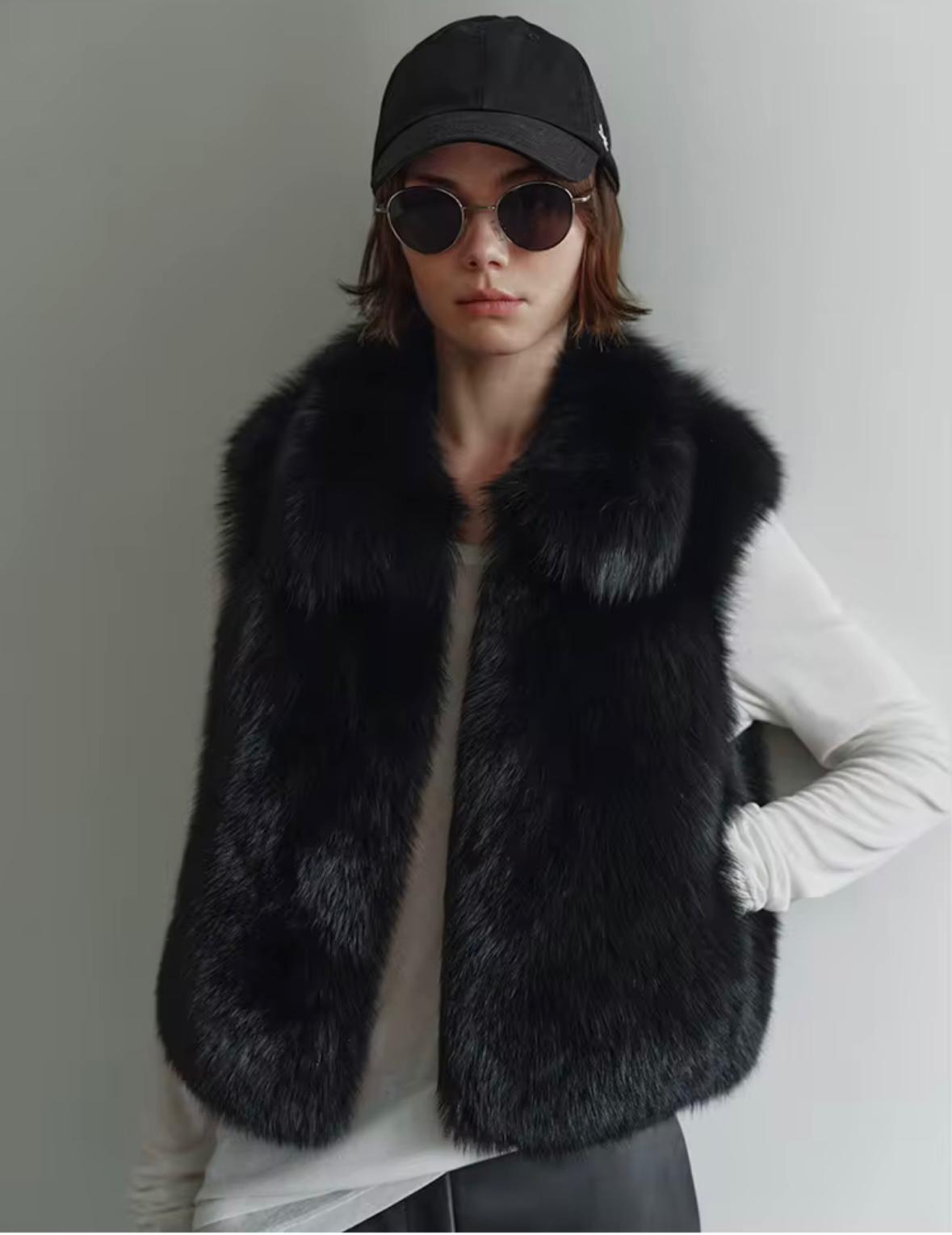 Luxury Genuine Fur Vest – Midnight Black & Snow Cream